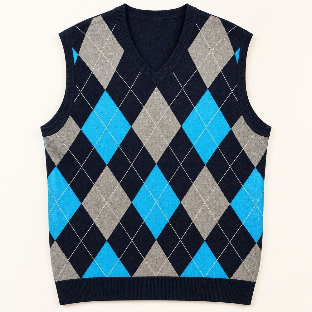 Trust Men’s 3XLT Argyle Sweater Vest Navy Blue Gray V Neck 100% Acrylic Big Tall